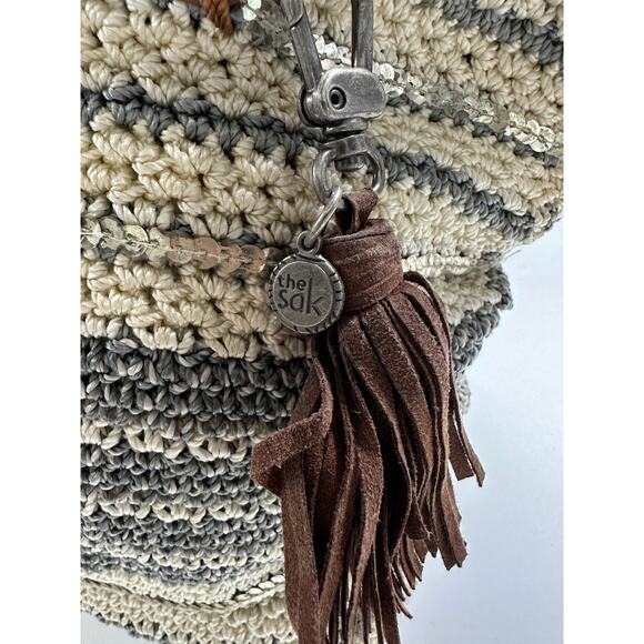 THE SAK BAG Large Zipper Crocheted Leather Trim Cream Gray - Picture 7 of 16